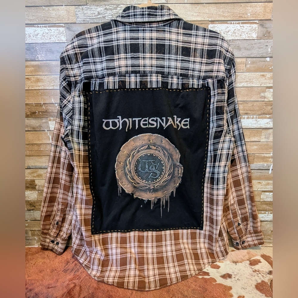 Whitesnake Graphic Upcycled Dip Dye Bleached Flannel Shirt